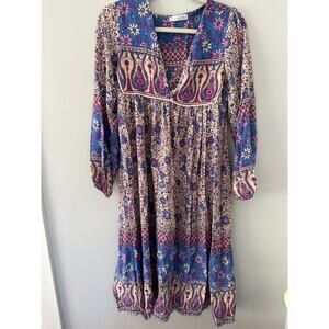 R. Vivimos Women's Midi Blue S 4/6 Dress Boho Peasant V-Neck Long Sleeve